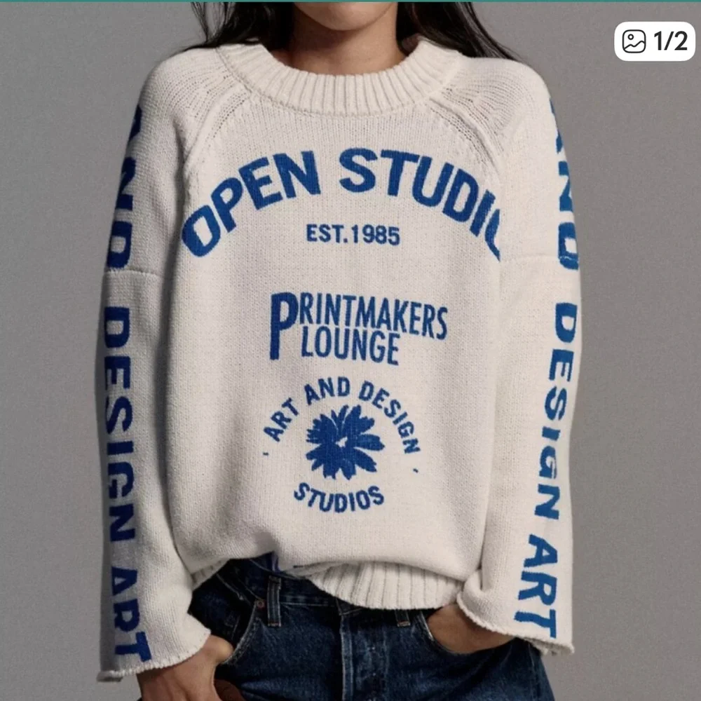 Pilcro White and Blue Graphic Printed Sweater - Picture 2 of 4